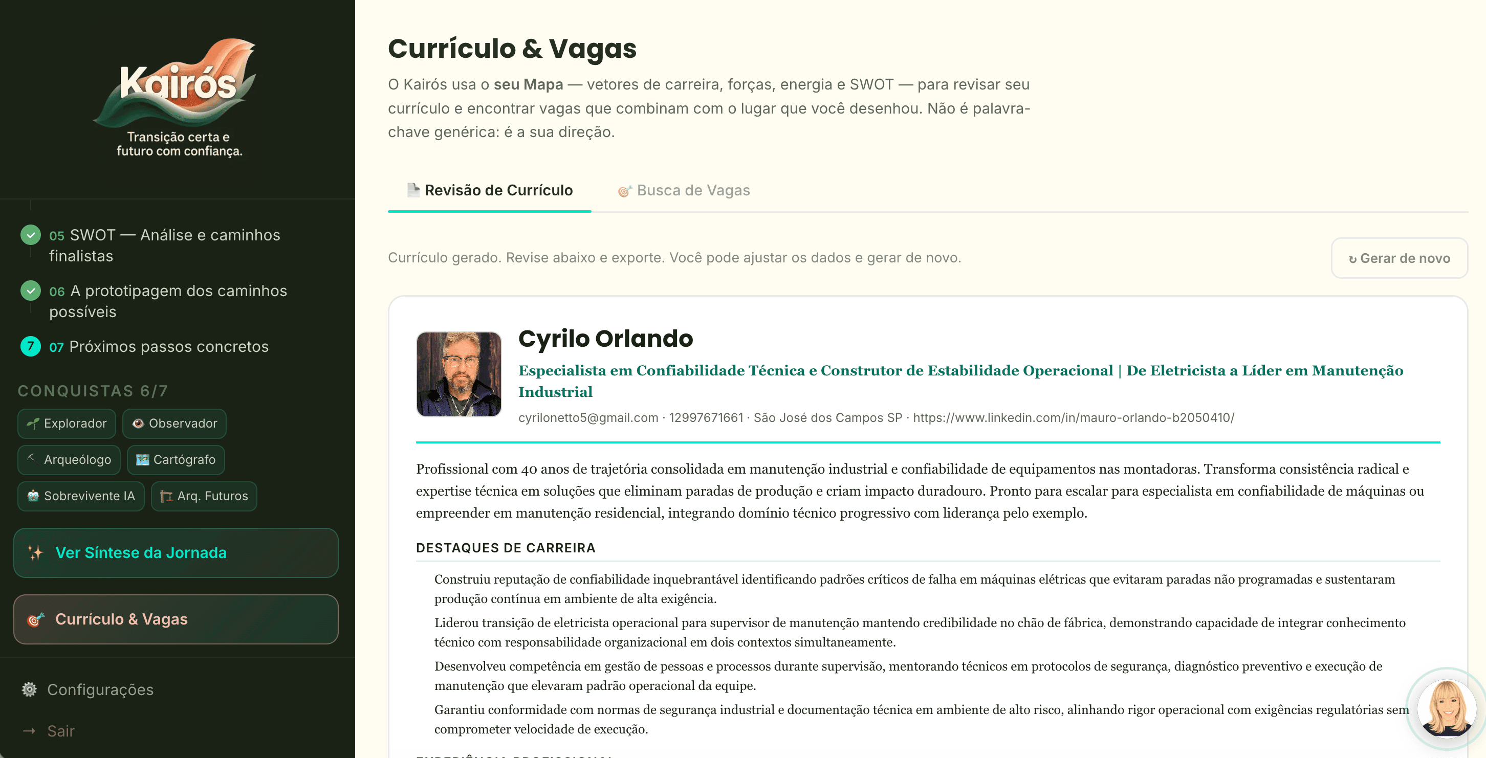 Tela de revisão de currículo gerada pelo Kairós