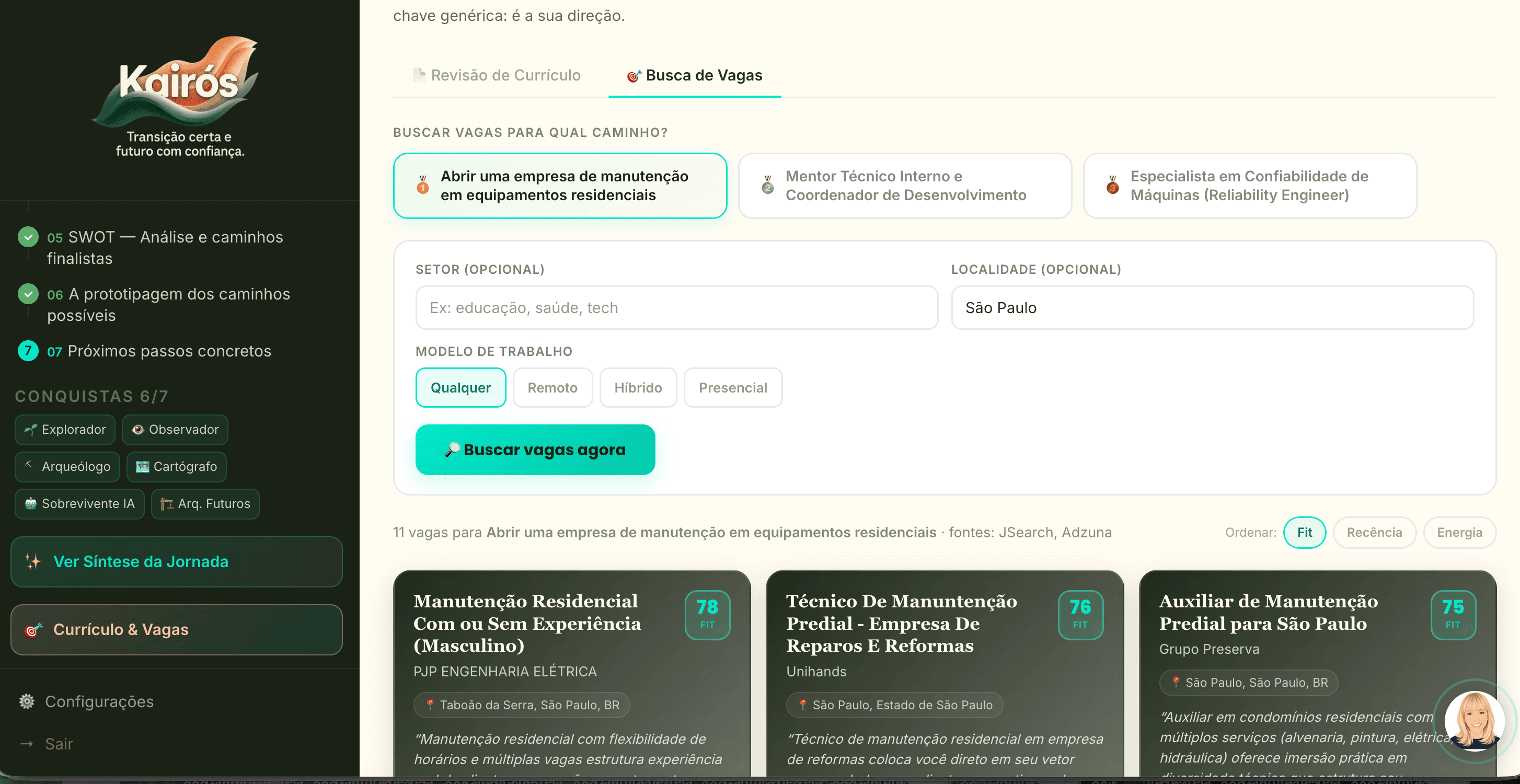 Tela de busca de vagas do Kairós com score de fit