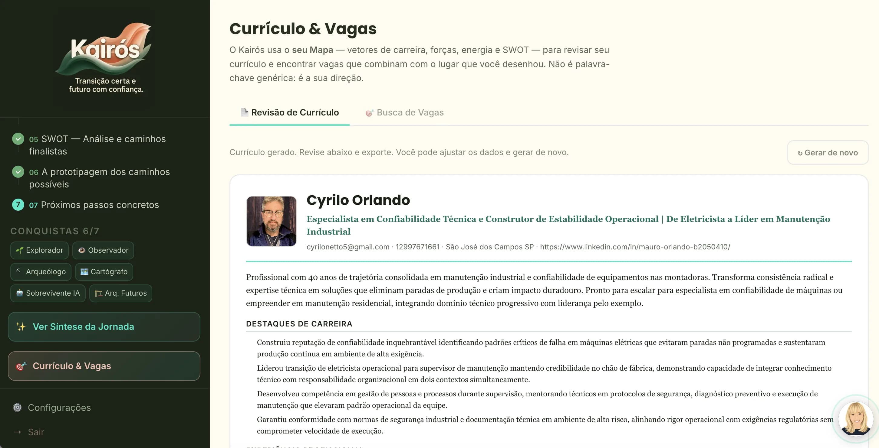 Résumé review screen generated by Kairós
