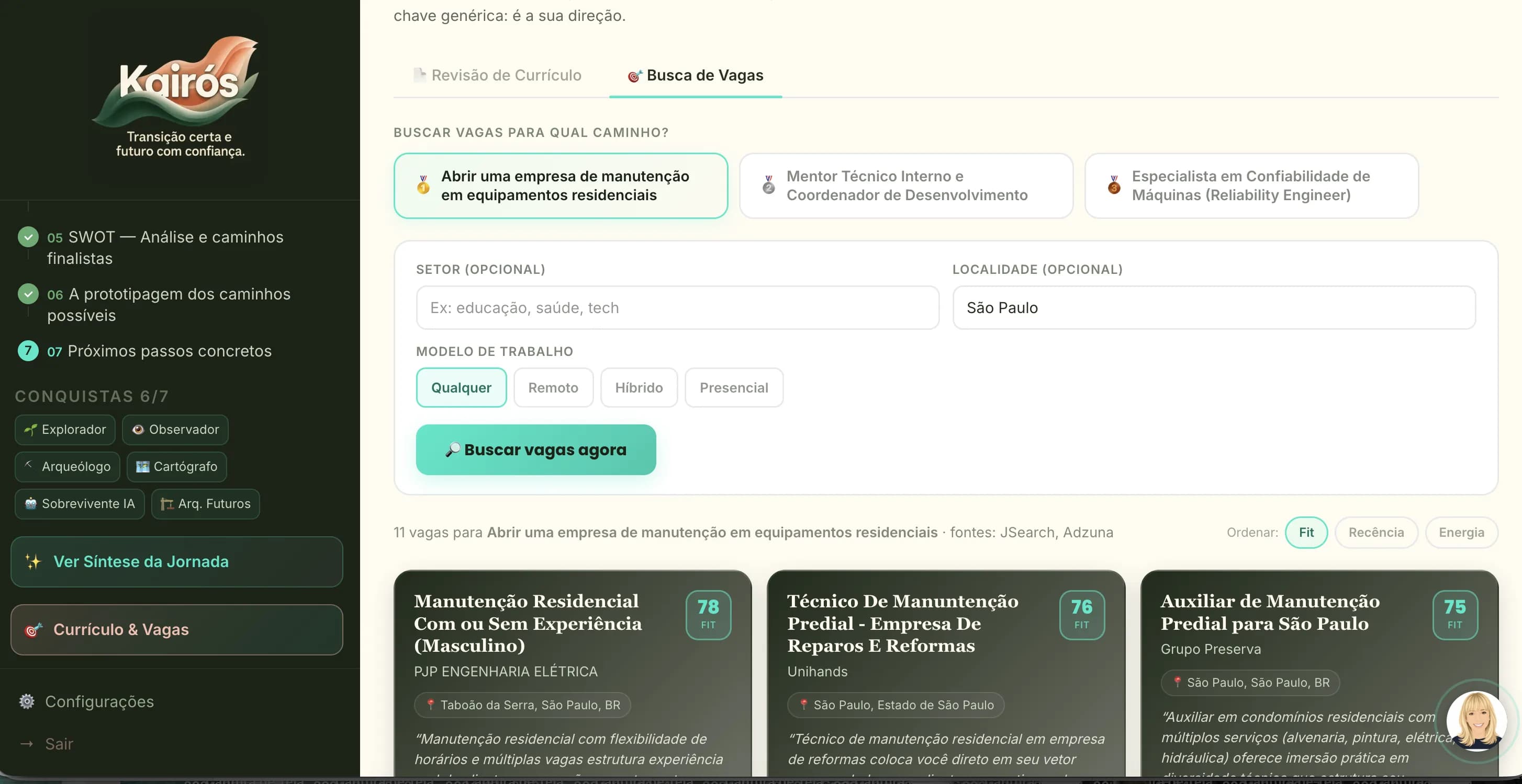Kairós job search screen with fit score